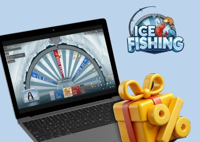 Ice Fishing bonus round interface showing Lil' Blues, Big Oranges and Huge Reds bet options