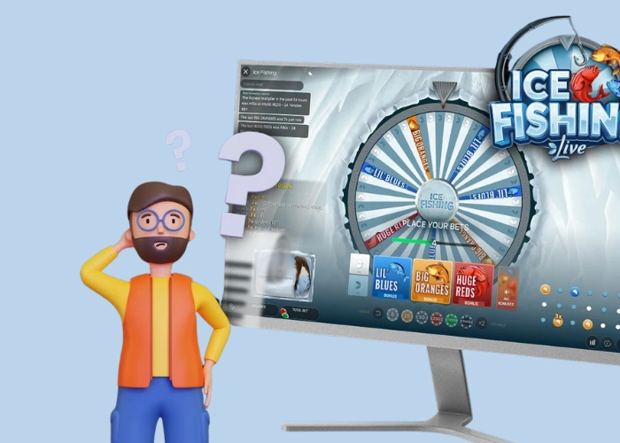 Ice Fishing rules screen showing the betting phase and virtual wheel on a desktop monitor